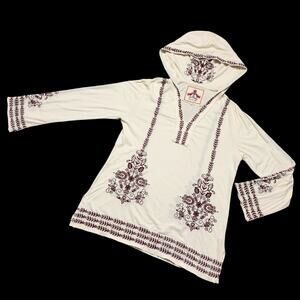 Johnny Was JW Los Angeles Hooded Tunic Top Embroidered Boho Cream Burgundy XL